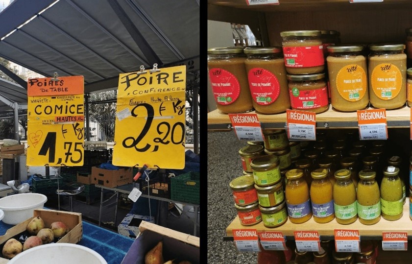 Pictures of the field surveys, on the stalls of the Libération market (left) and in a retail store in Nice (right).