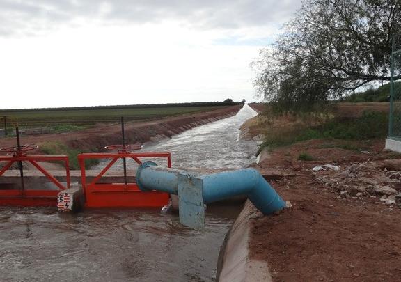 Irrigation drain (contaminated waters with salt, metals and pesticides) mixed with water from a well (blue tubing) 