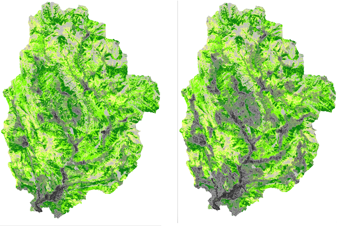Building (grey) and vegetation (green) extent in Paillon catchment in 1964 (left) and in 2009 (right) 
