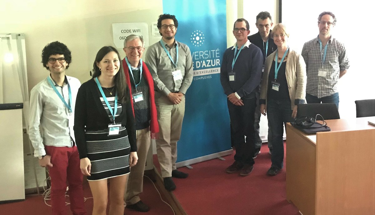Souvenir photo of the speakers (from left to right): Daniel Pino Muñoz (Mines ParisTech), Yuliya Tarabalka (Inria), Guust  Nolet (Geoazur, UNS); Jean-Paul Ampuero (newly recruited as Research Director at GEOAZUR as part of an IRD UCA Chair), Olivier Pantz