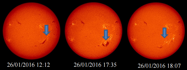 Filament eruption recorded in H-alpha spectral line by the GONG Network (USA). A coronal mass ejection was observed by the SoHO satellite just after the filament disappearance