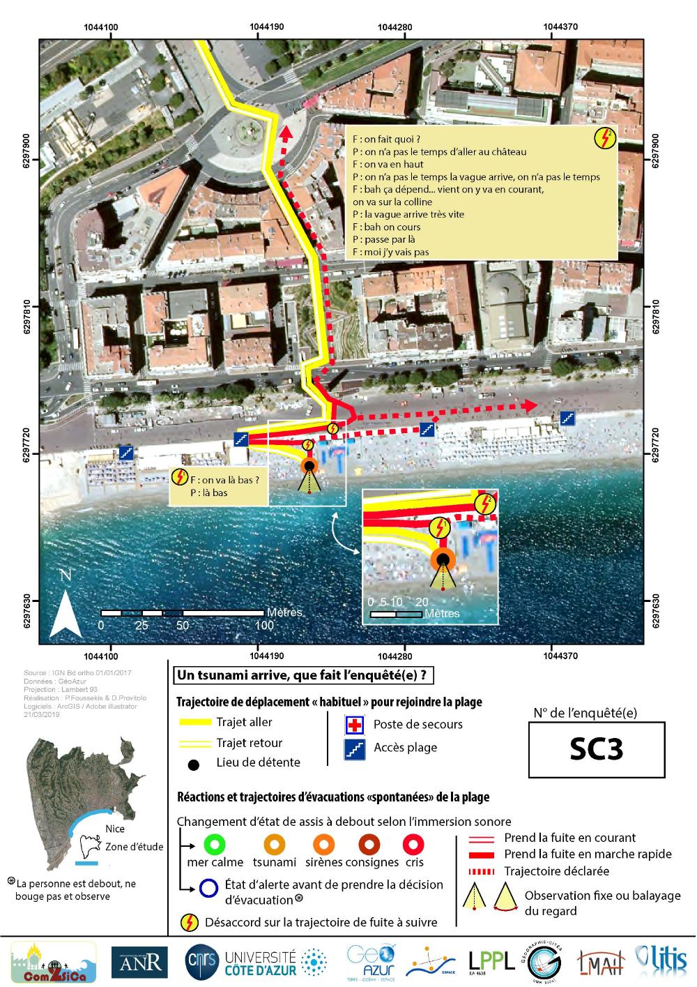 Carte de trajet de fuite des enquétés suite à l'arrivée virtuelle d'un tsunami