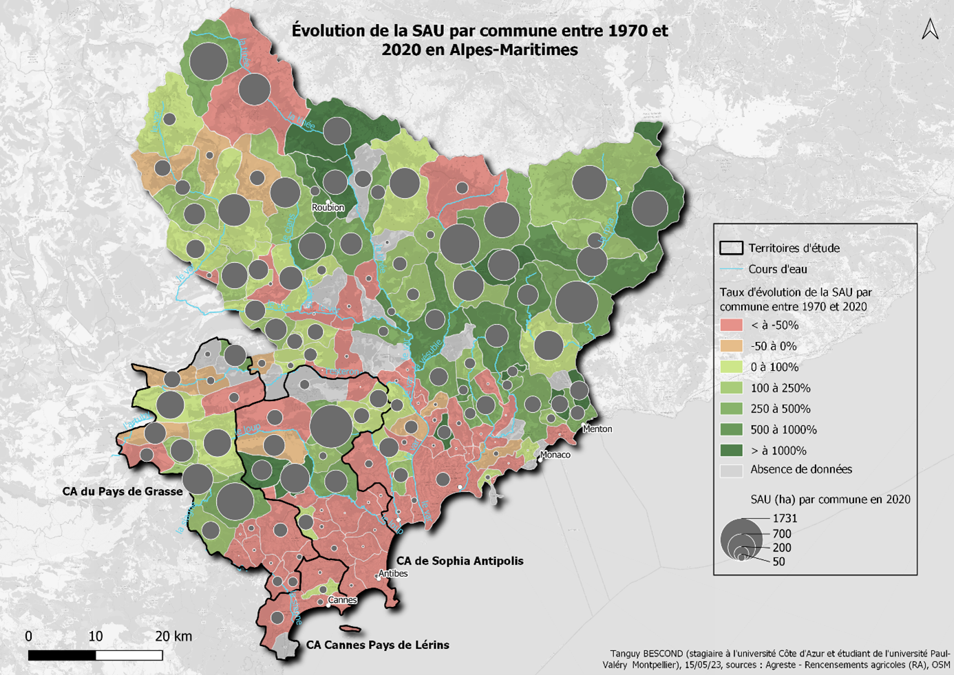 1)	Changes in the agricultural surface by commune between 1970 and 2020 in the Alpes-Maritimes (T. Bescond, Master's thesis in geography, supervised by Karine Emsellem & Stéphane Bouissou).