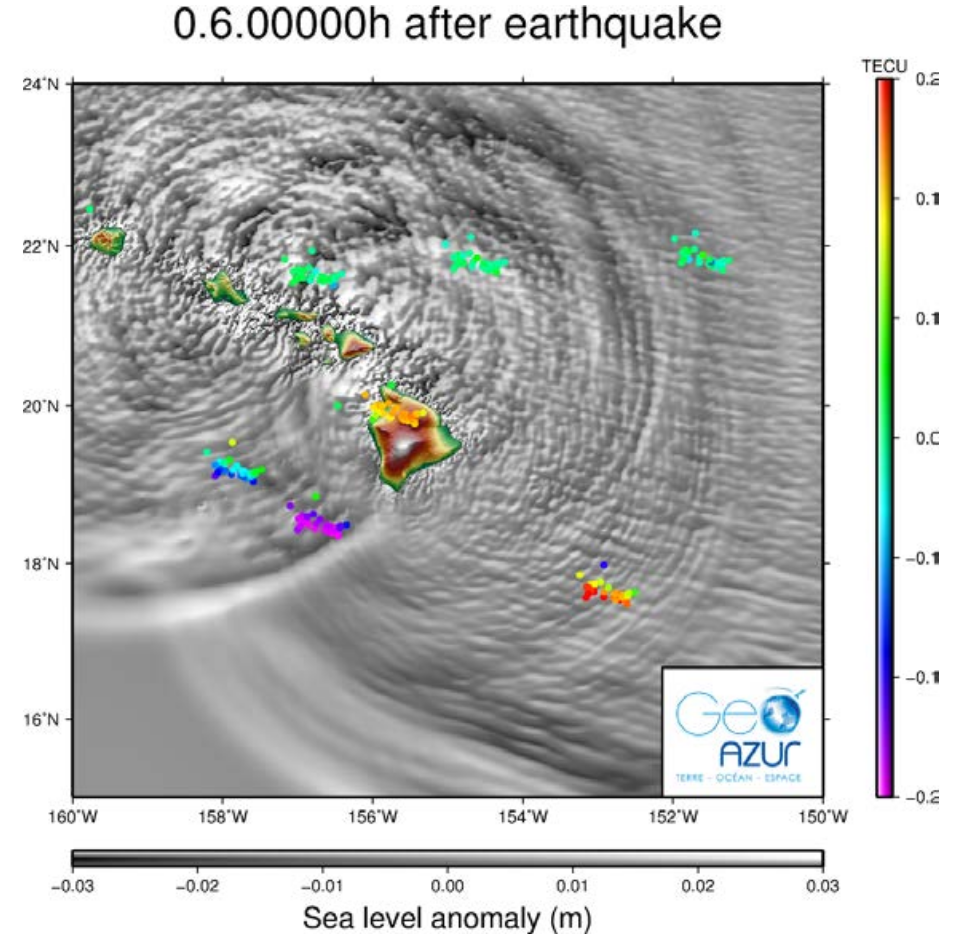 Ionospheric imprint of the moderate 2012 tsunami of Haida Gwaii (Canada) measured with GPS from Hawaii (colors show ionosphere electron content) superimposed to simulated tsunami wavefield at sea level (gray-scale bar) 